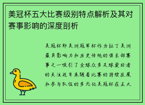 美冠杯五大比赛级别特点解析及其对赛事影响的深度剖析 美冠杯五大比赛级别特点解析及其对赛事影响的深度剖析