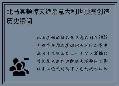北马其顿惊天绝杀意大利世预赛创造历史瞬间