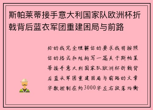 斯帕莱蒂接手意大利国家队欧洲杯折戟背后蓝衣军团重建困局与前路 斯帕莱蒂接手意大利国家队欧洲杯折戟背后蓝衣军团重建困局与前路