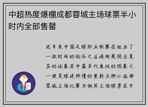 中超热度爆棚成都蓉城主场球票半小时内全部售罄
